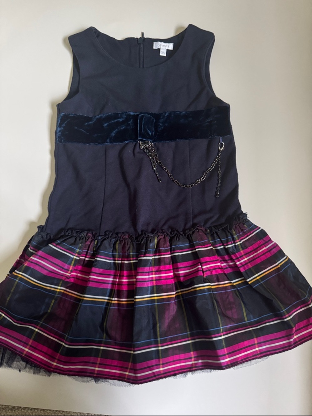 Microbe Girls Navy and Plaid Dress w velvet band and chain details size 5 EUC